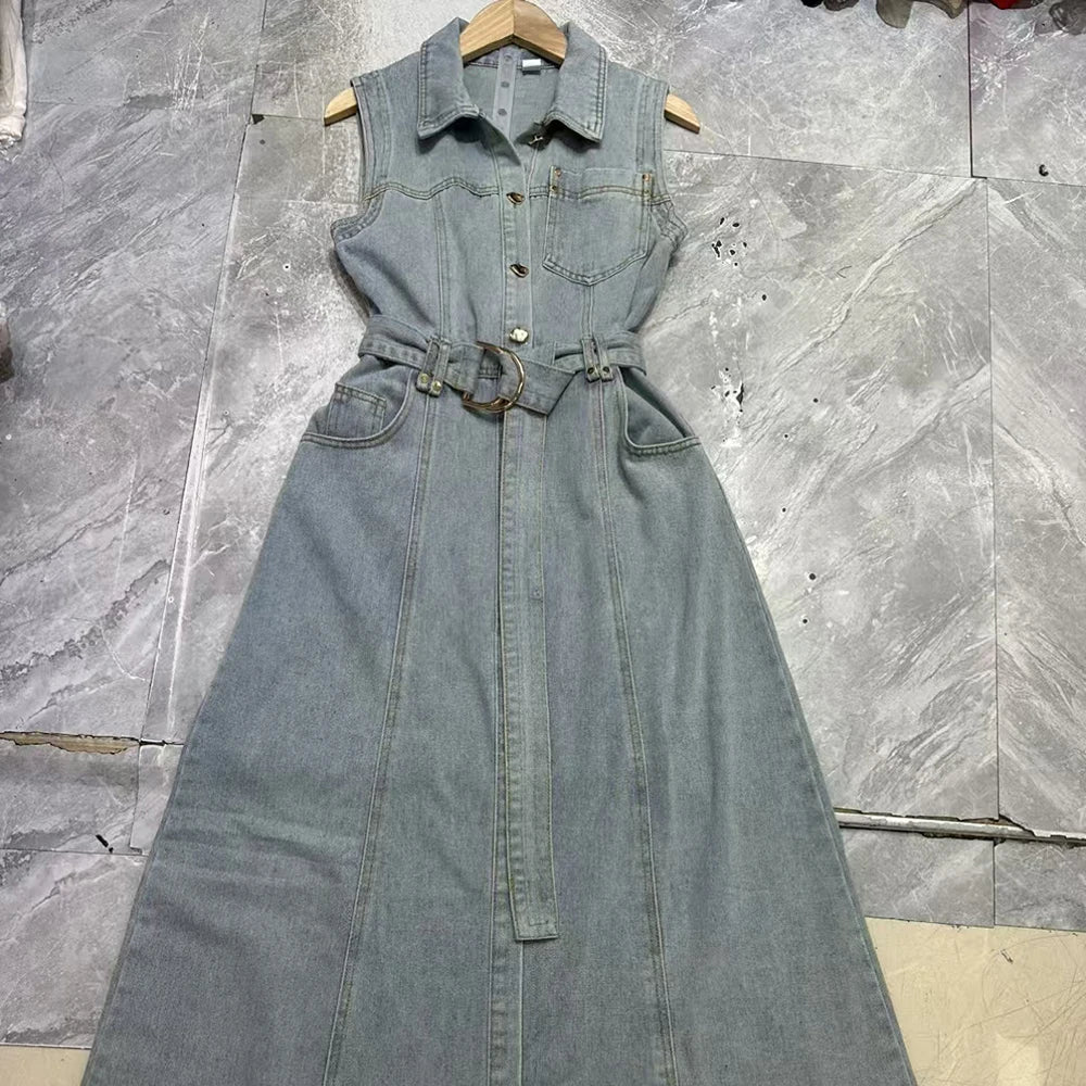 Cowboy Denim Lace Up Midi Dresses