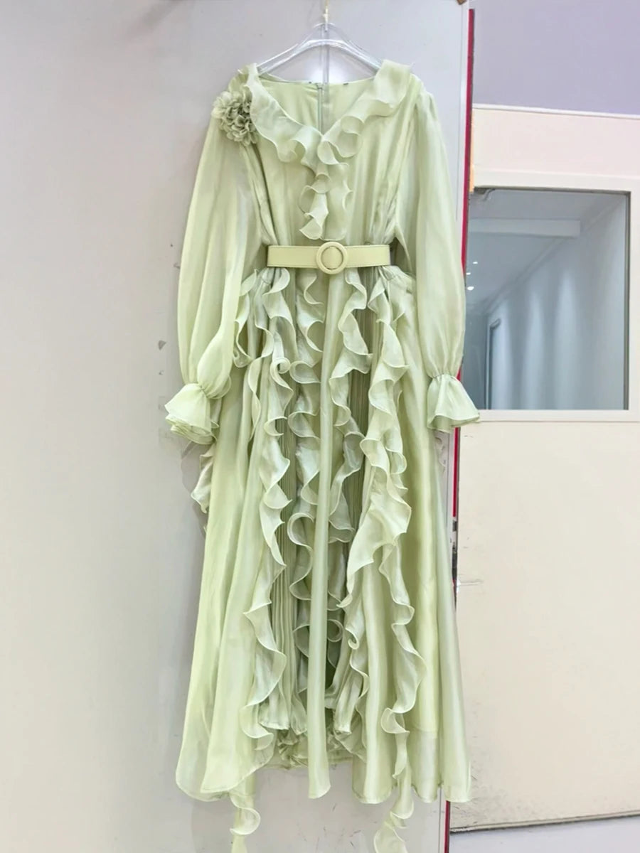 Solid Sheer Spliced Folds Dresses