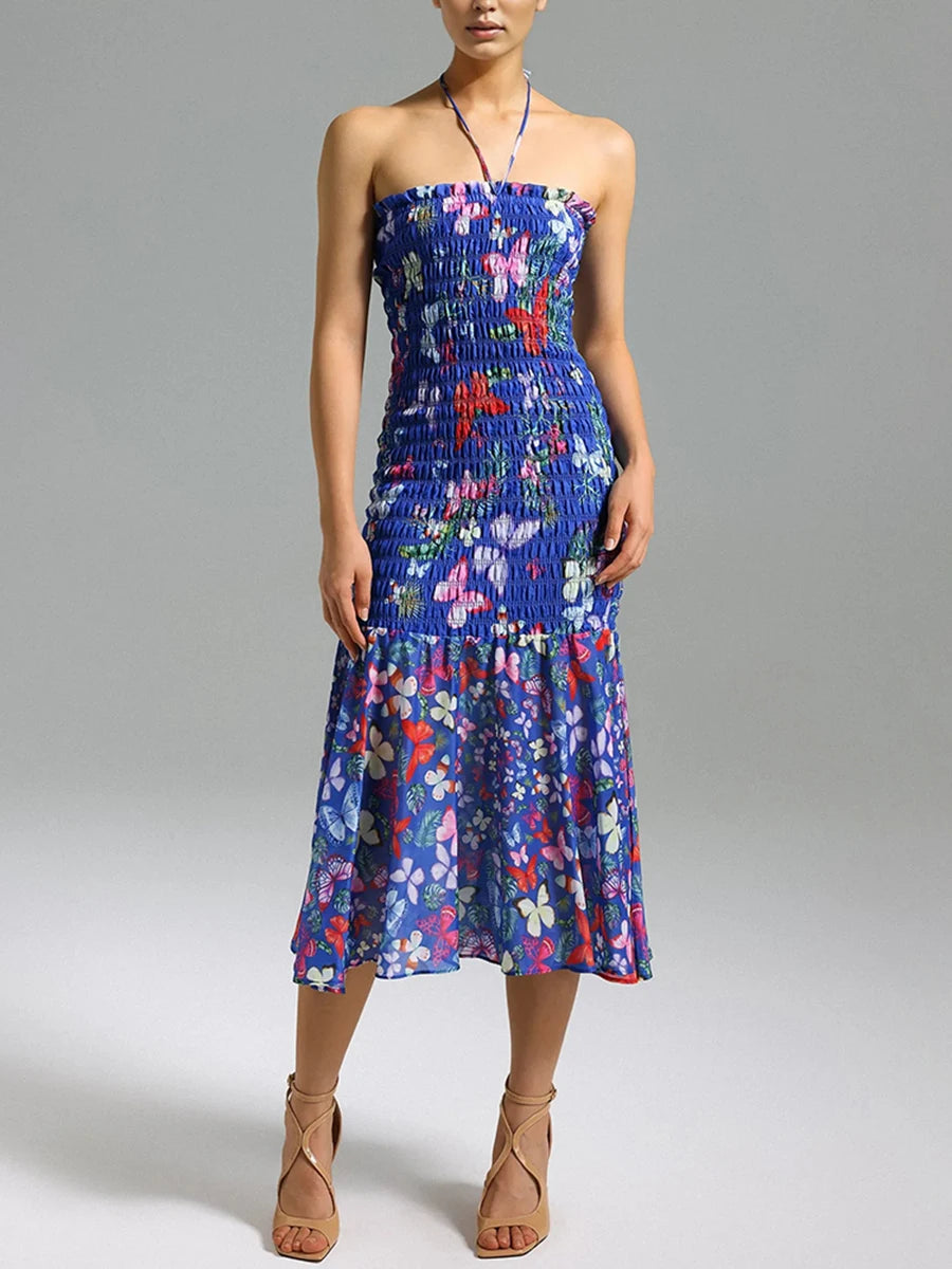 Color Floral Printing Backless Dress