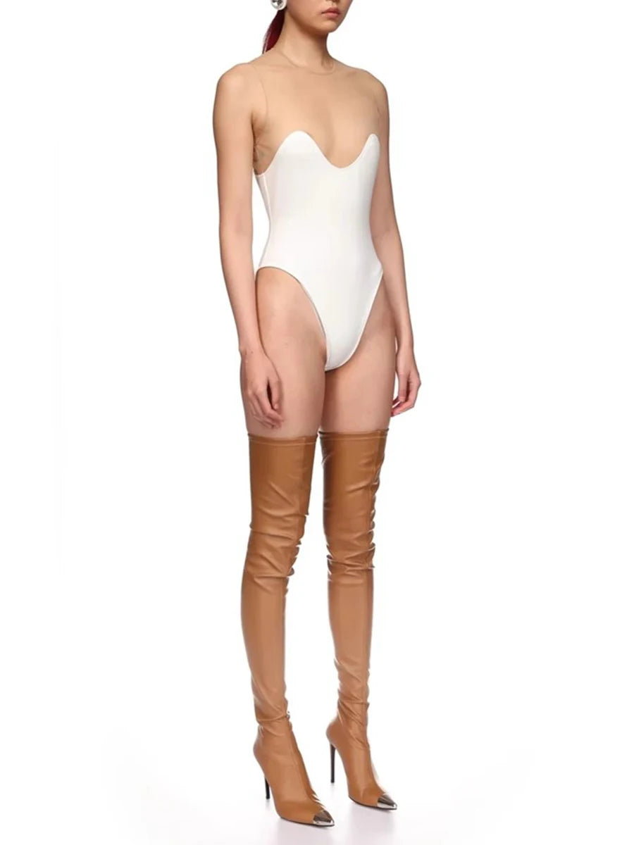 Solid Spliced Mesh Slimming Jumpsuit