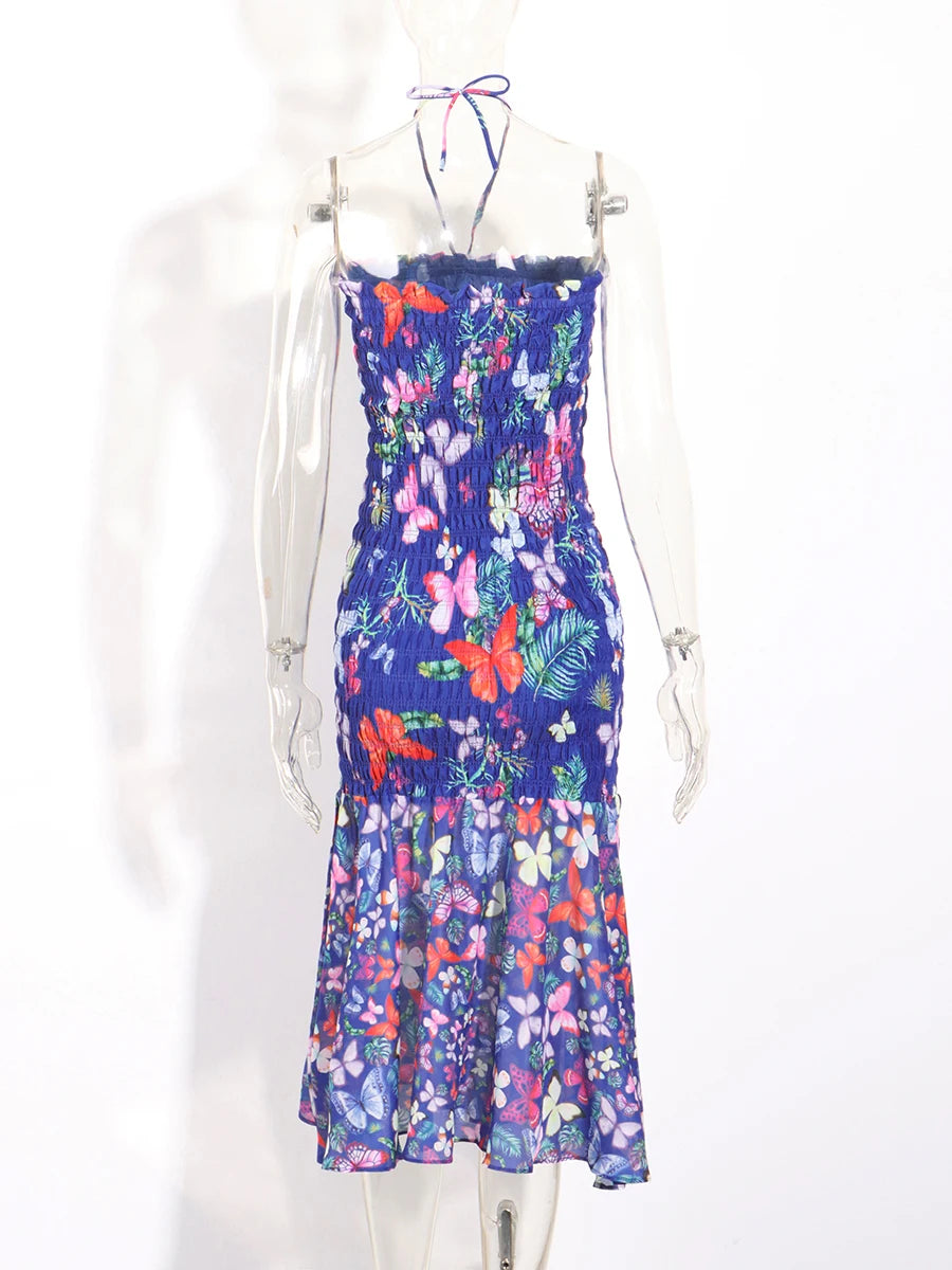 Color Floral Printing Backless Dress