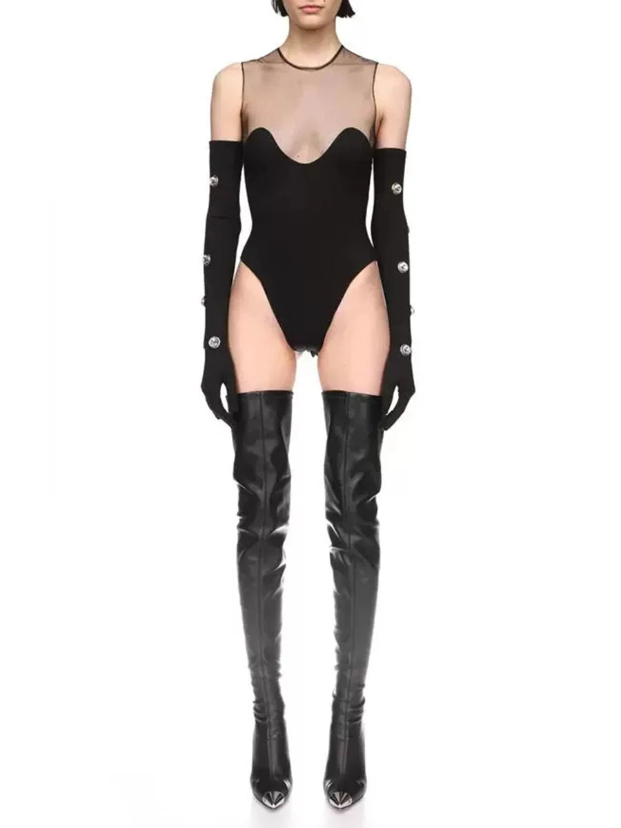 Solid Spliced Mesh Slimming Jumpsuit