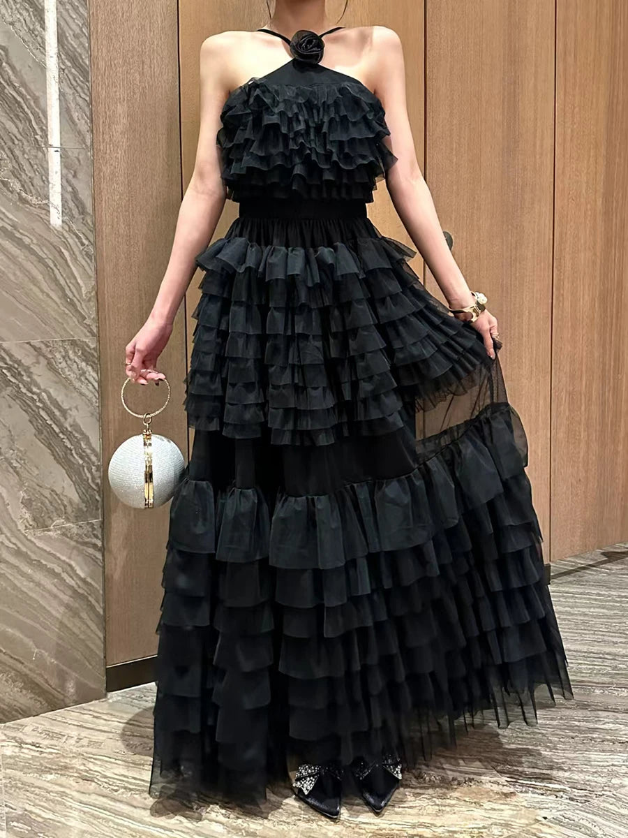 Solid Spliced Ruffles Dress