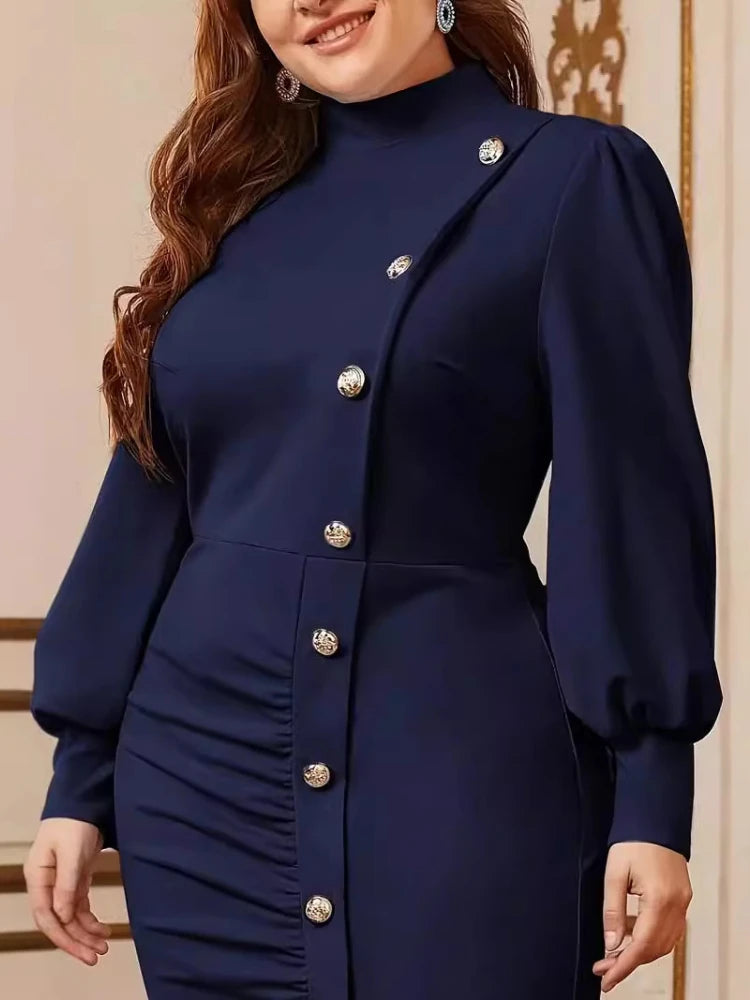 Plus Size Pleated Dress With Buttons