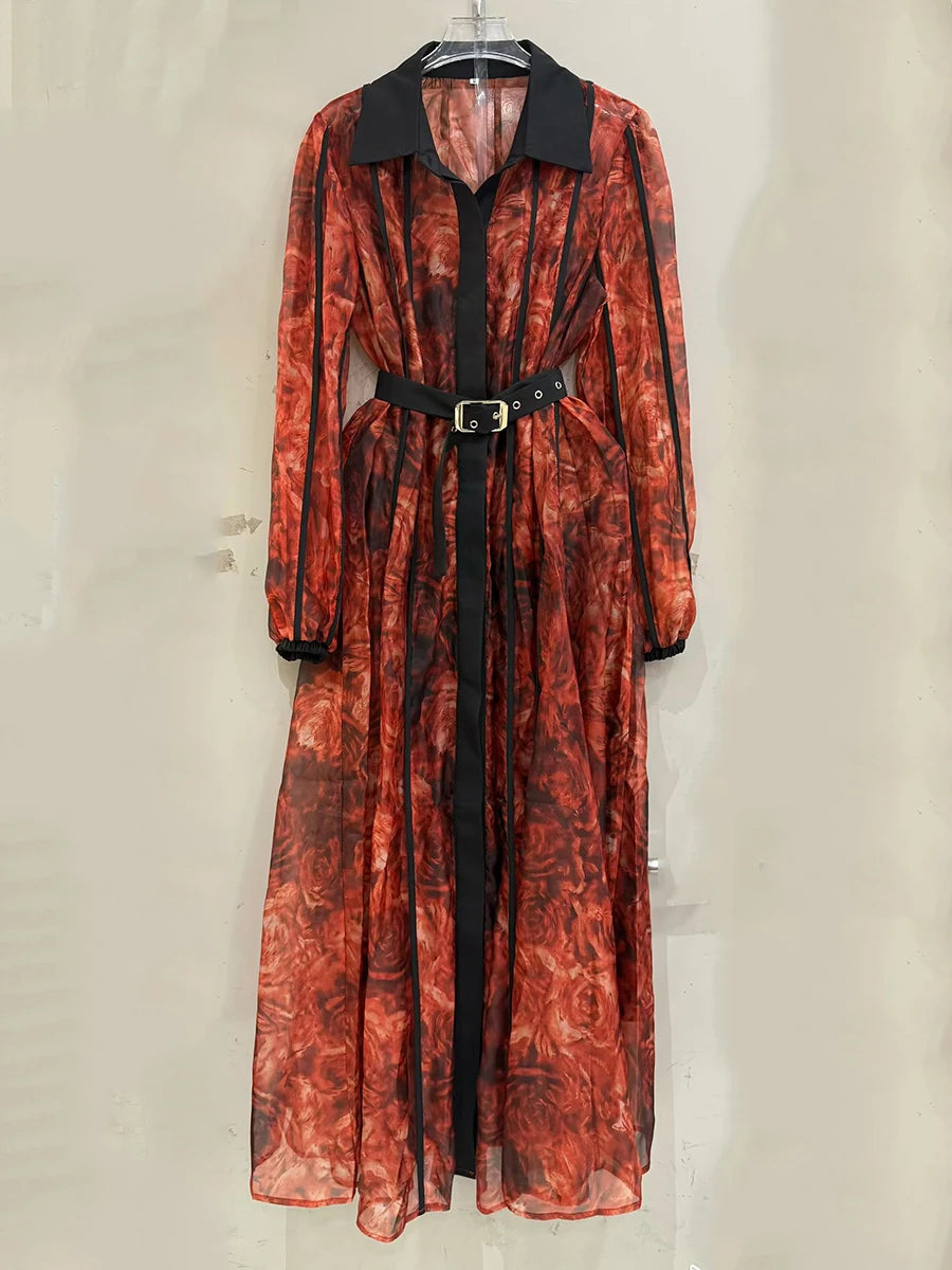Sheer Spliced Belt Casual Dresses
