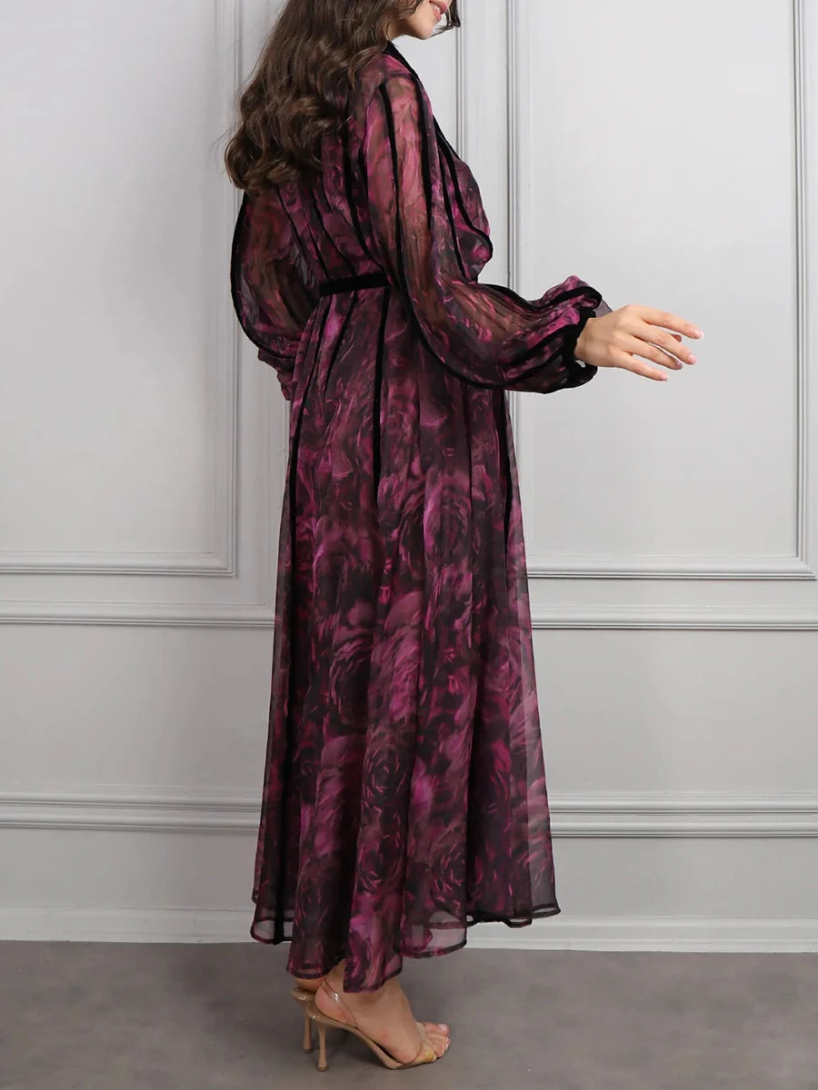Sheer Spliced Belt Casual Dresses