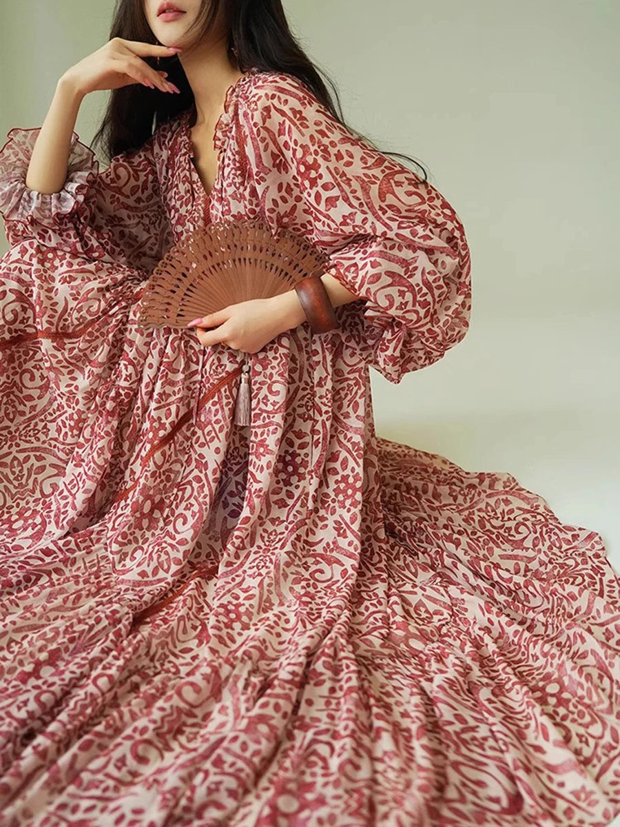 Loose Printing Spliced Belt Casual Dresses