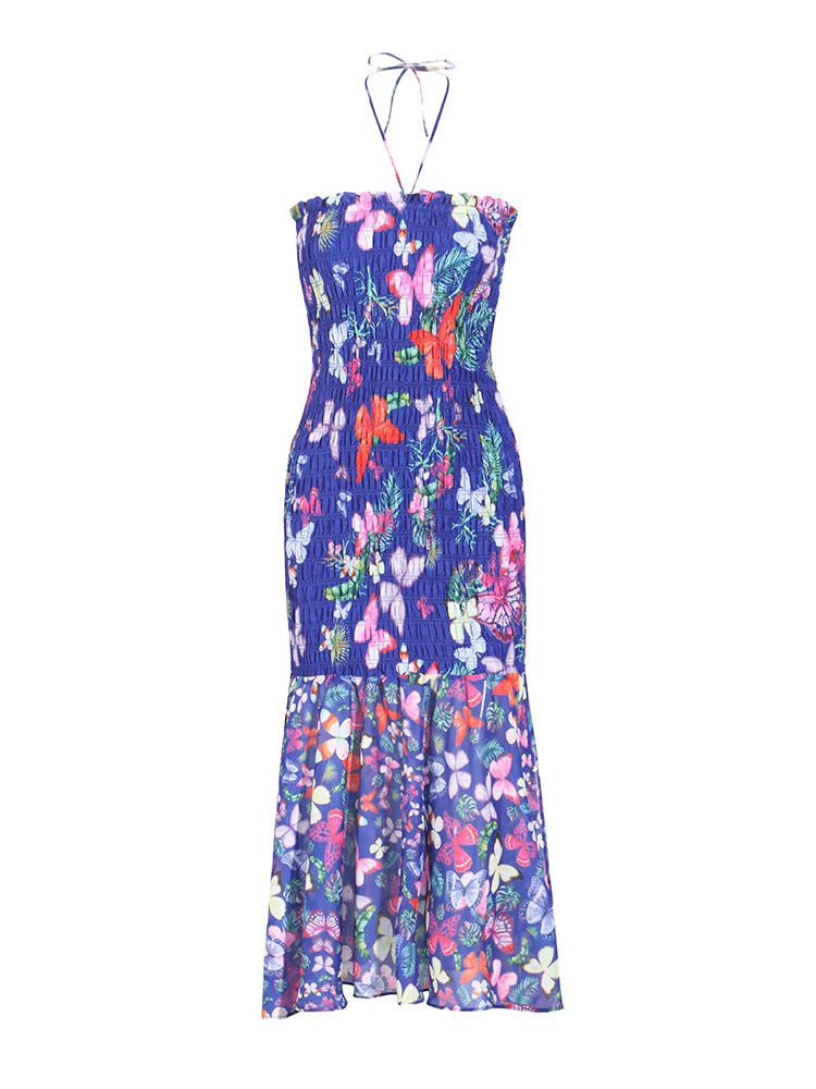 Color Floral Printing Backless Dress