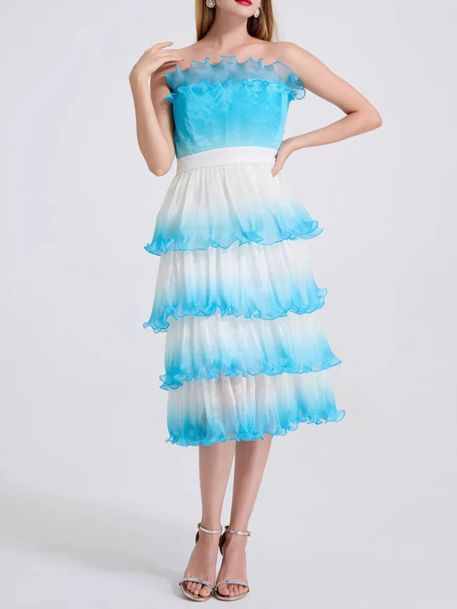 Gradient Spliced Ruffles Dresses
