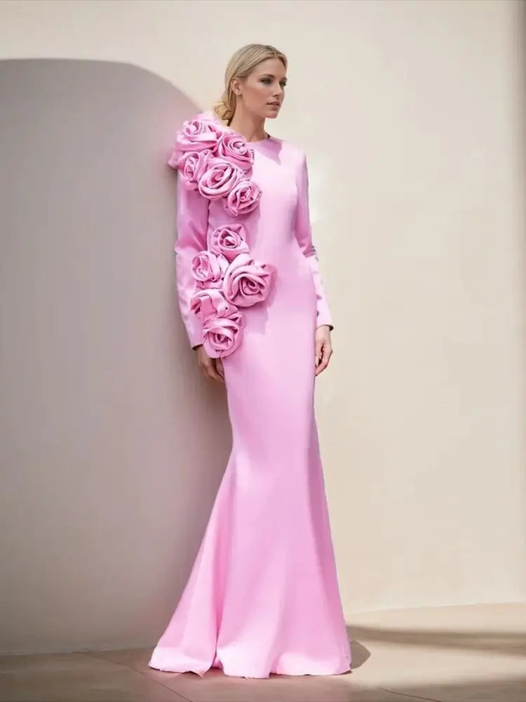 Solid Spliced Appliqués Long Dress