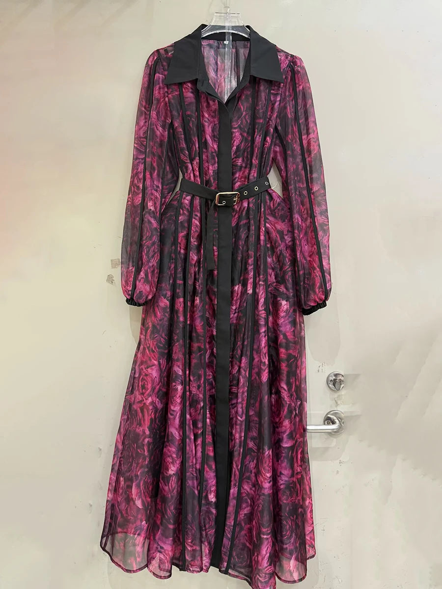 Sheer Spliced Belt Casual Dresses