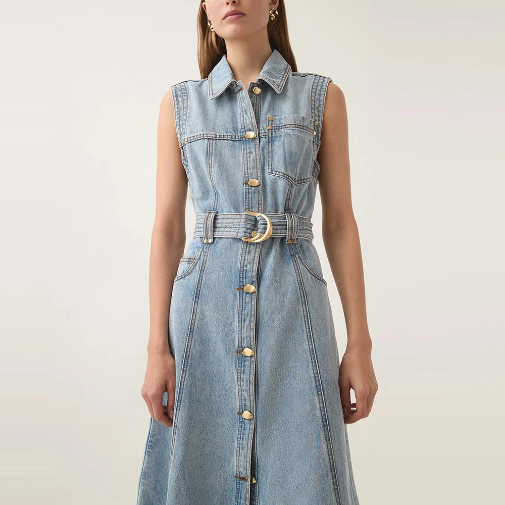 Cowboy Denim Lace Up Midi Dresses