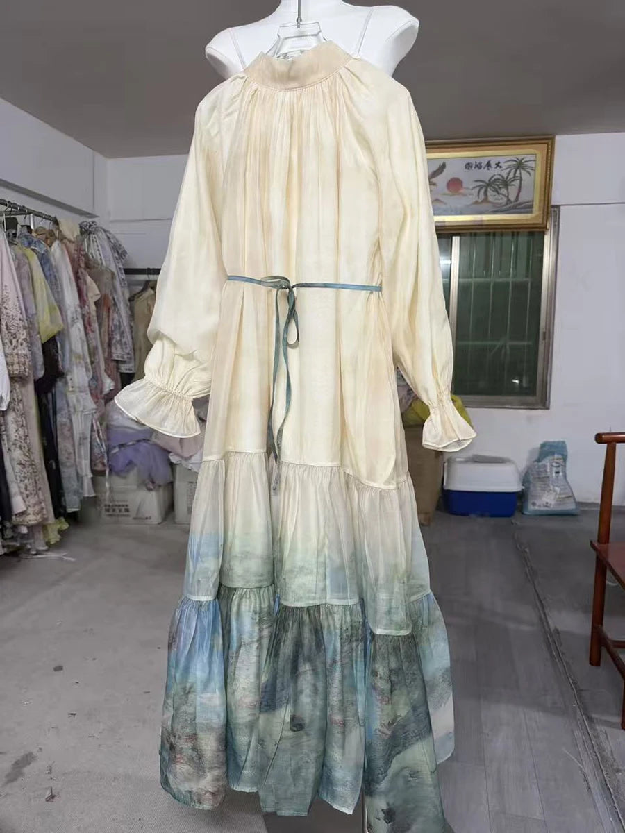 Hit Color Printing Spliced Folds Elegant Dresses