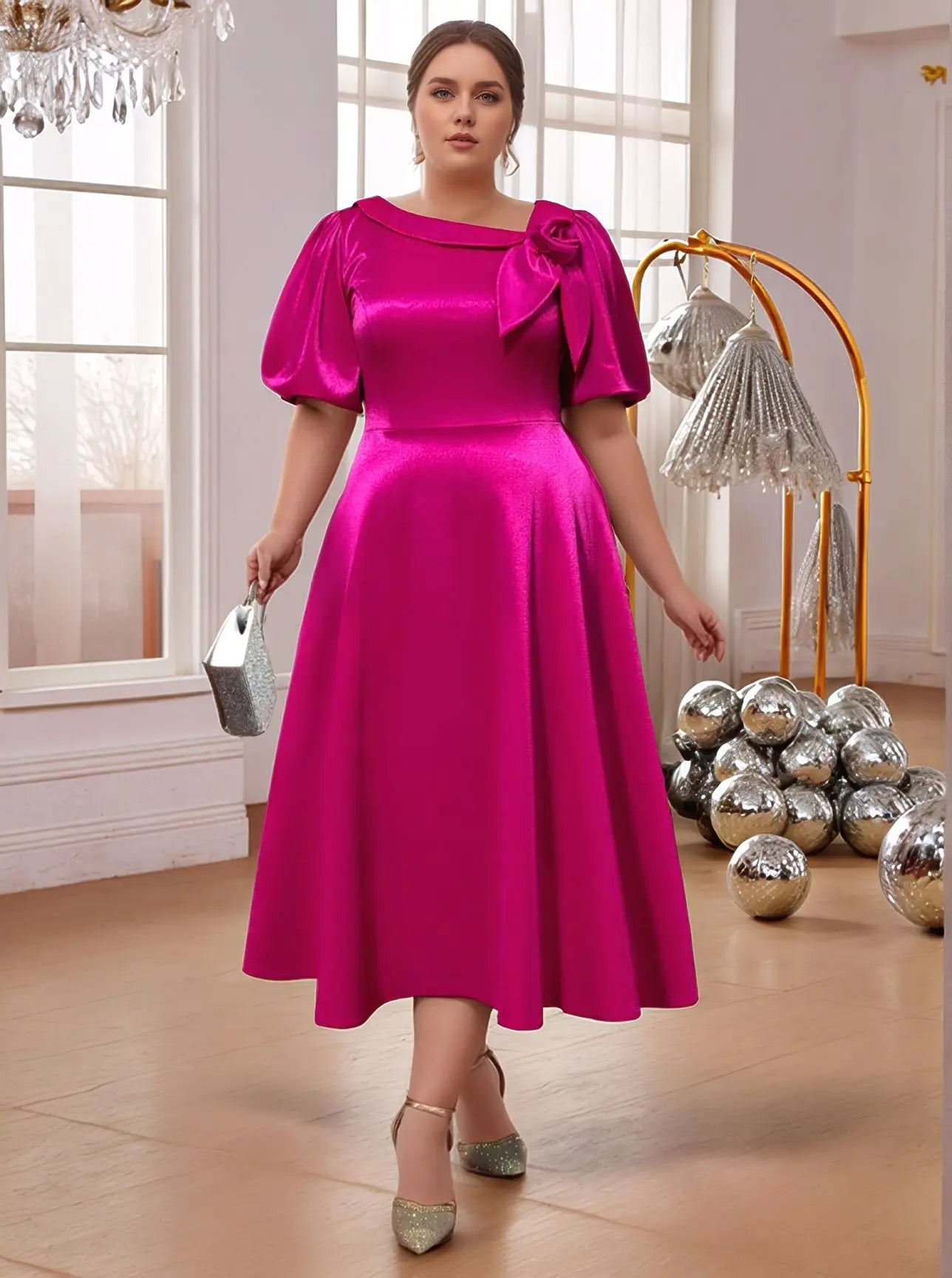 Plus Size A-Line Pleated Satin Dress