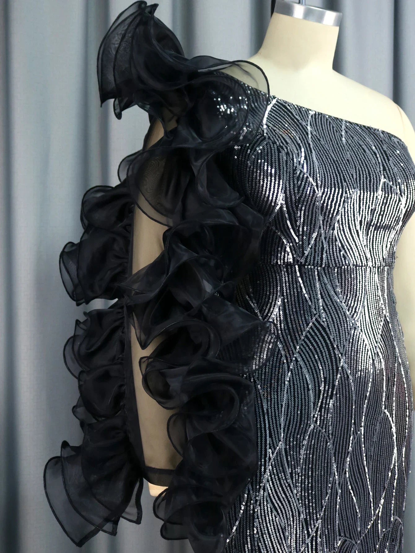 Plus Size One Shoulder Black Mesh Ruffle Dress