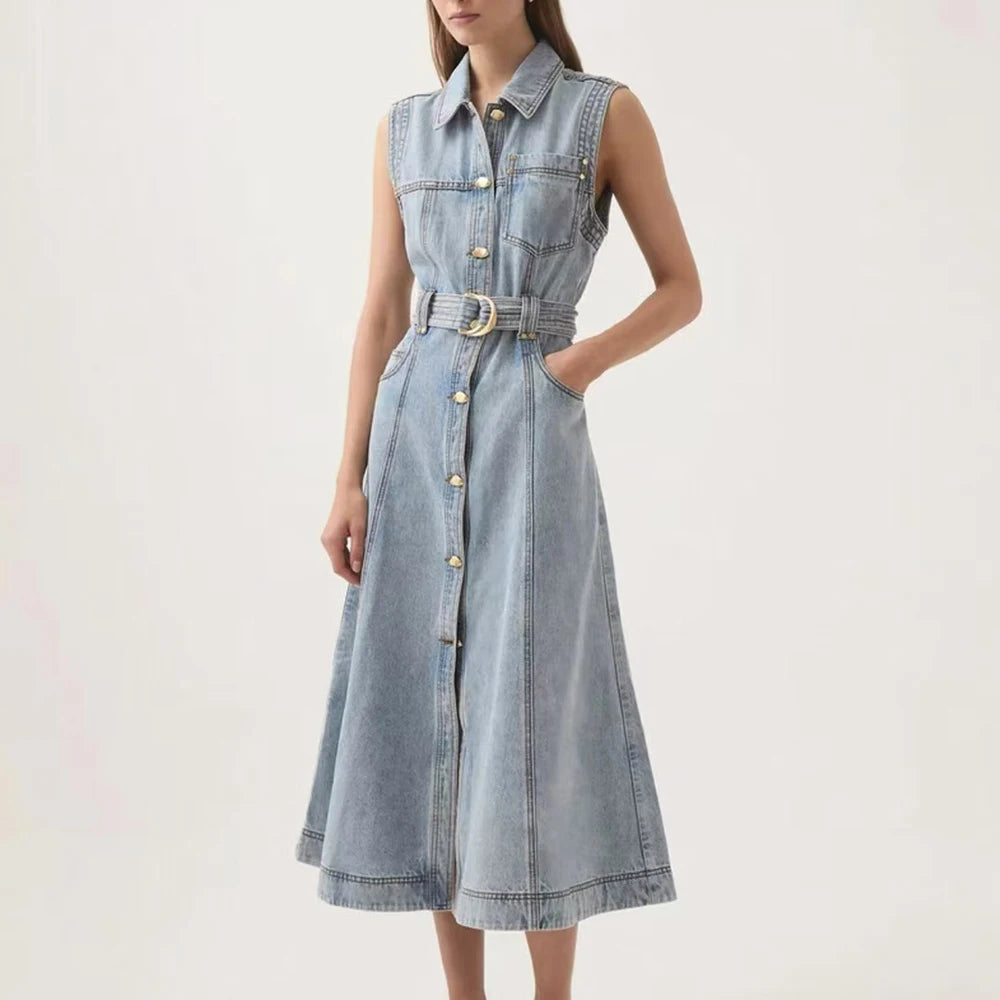 Cowboy Denim Lace Up Midi Dresses