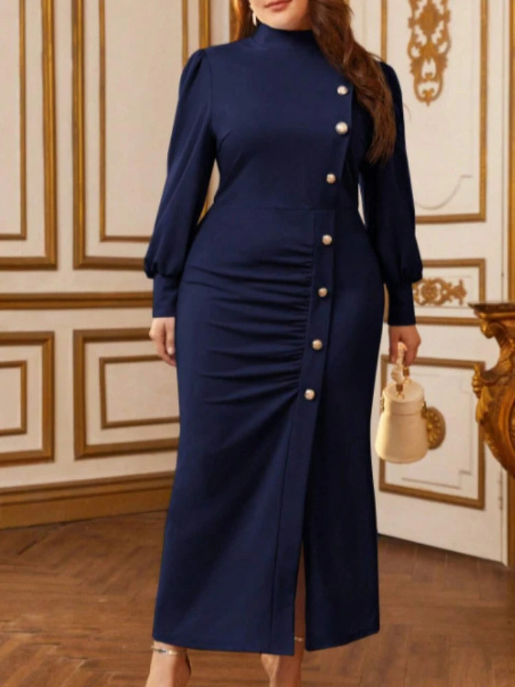 Plus Size Pleated Dress With Buttons