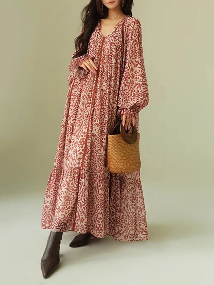Loose Printing Spliced Belt Casual Dresses