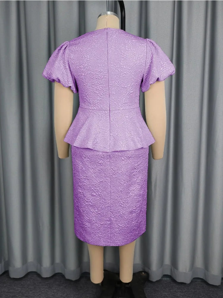 Plus Size Rose Jacquard Puff Sleeve Dress