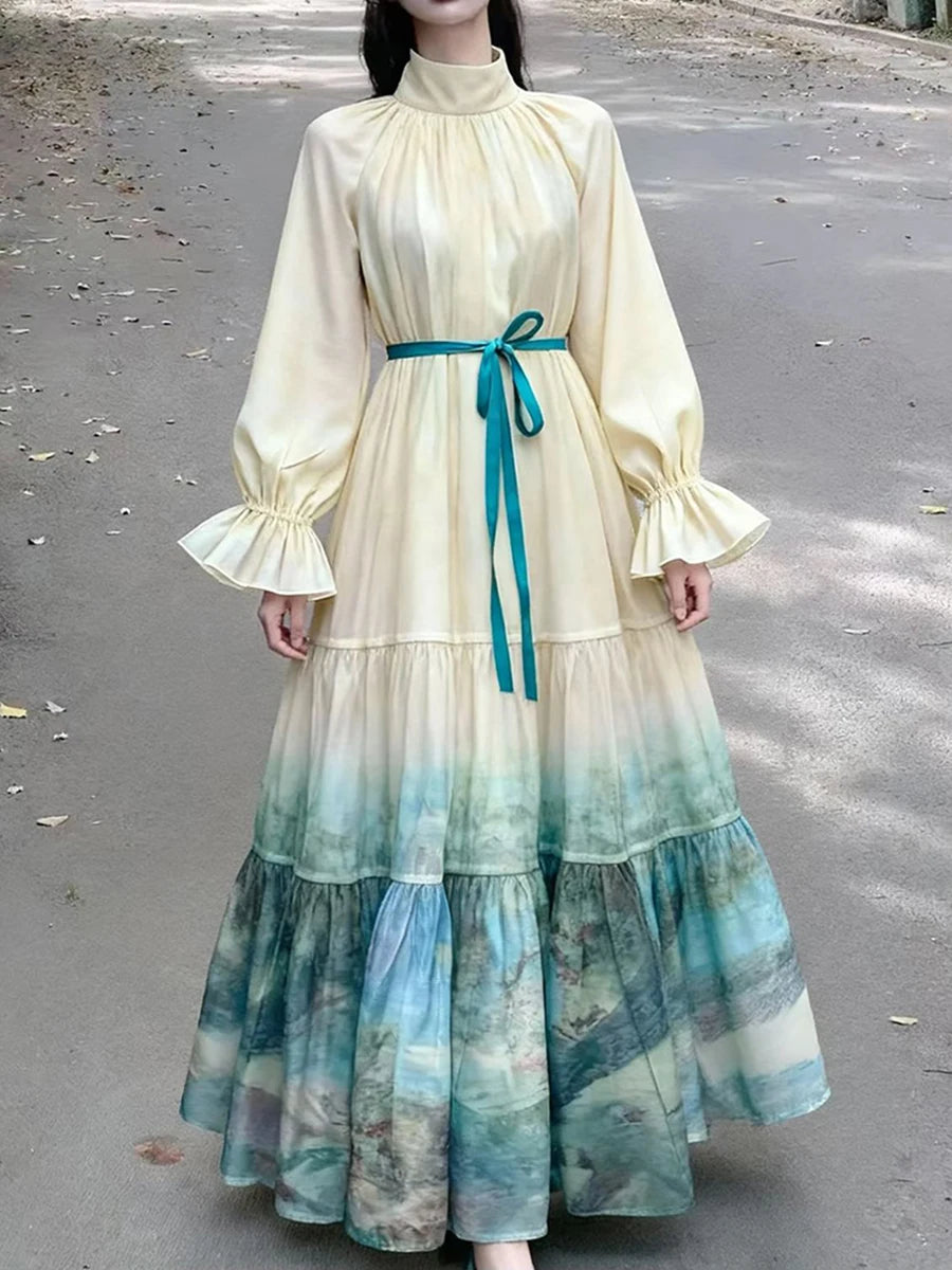Hit Color Printing Spliced Folds Elegant Dresses