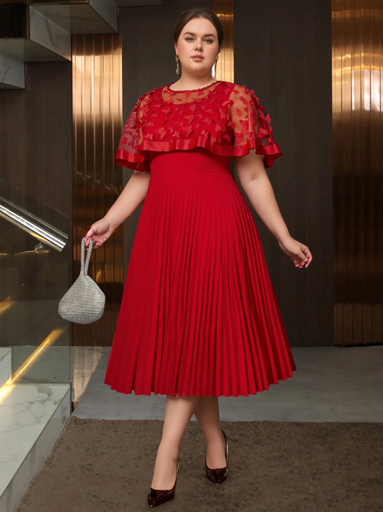 Plus Size Elegant Red Midi Dress