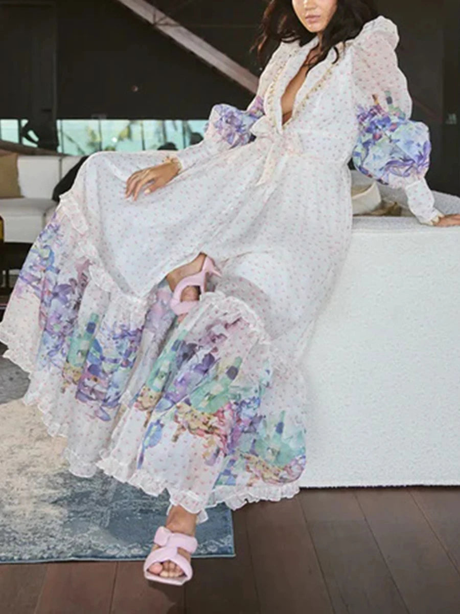 Printing Loose Spliced Wave Point Casual Dresses