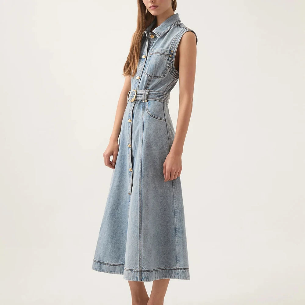Cowboy Denim Lace Up Midi Dresses