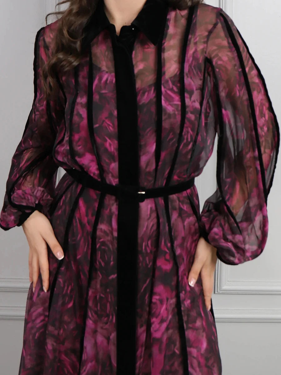 Sheer Spliced Belt Casual Dresses