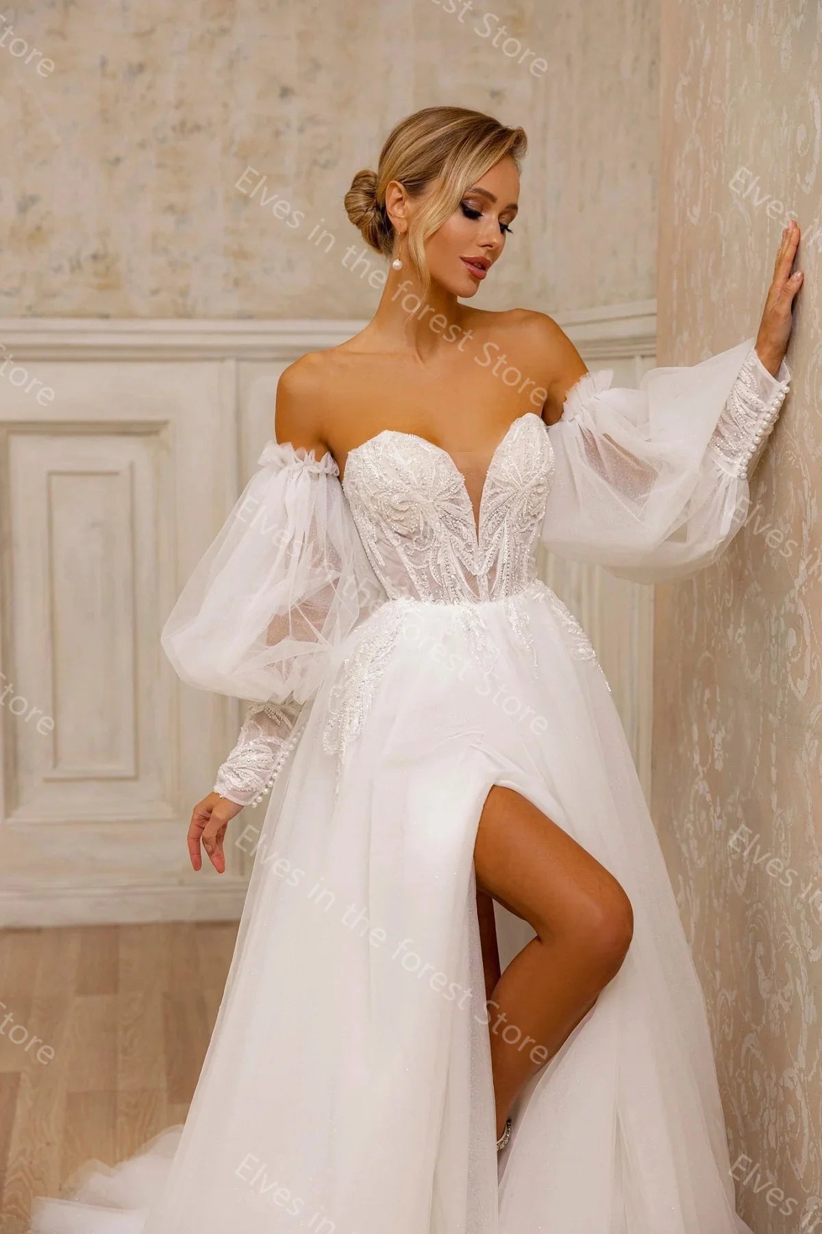 Off Shoulder Glitter Wedding Dresses