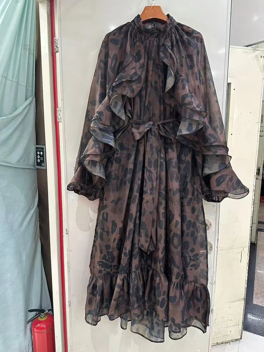 Leopard Spliced Ruffles Folds Dresses