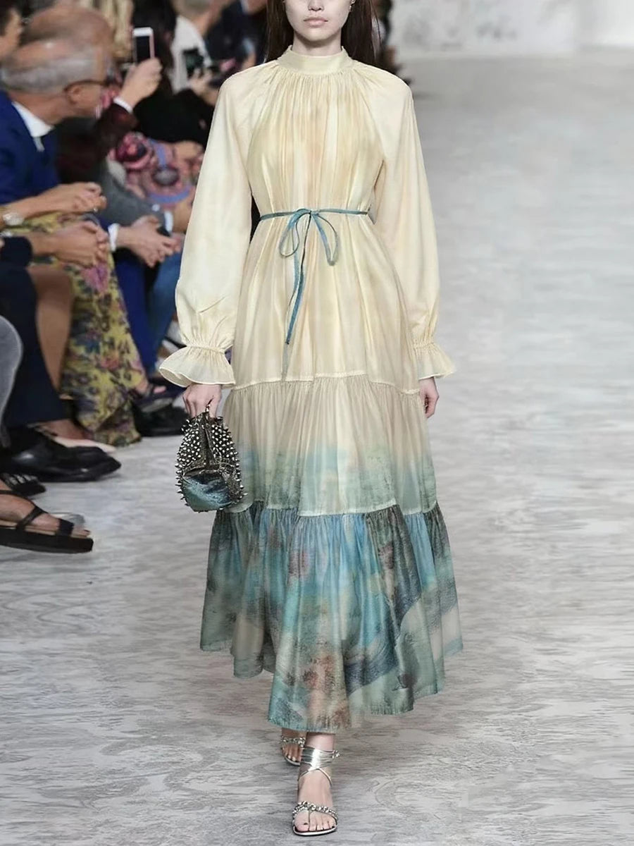 Hit Color Printing Spliced Folds Elegant Dresses