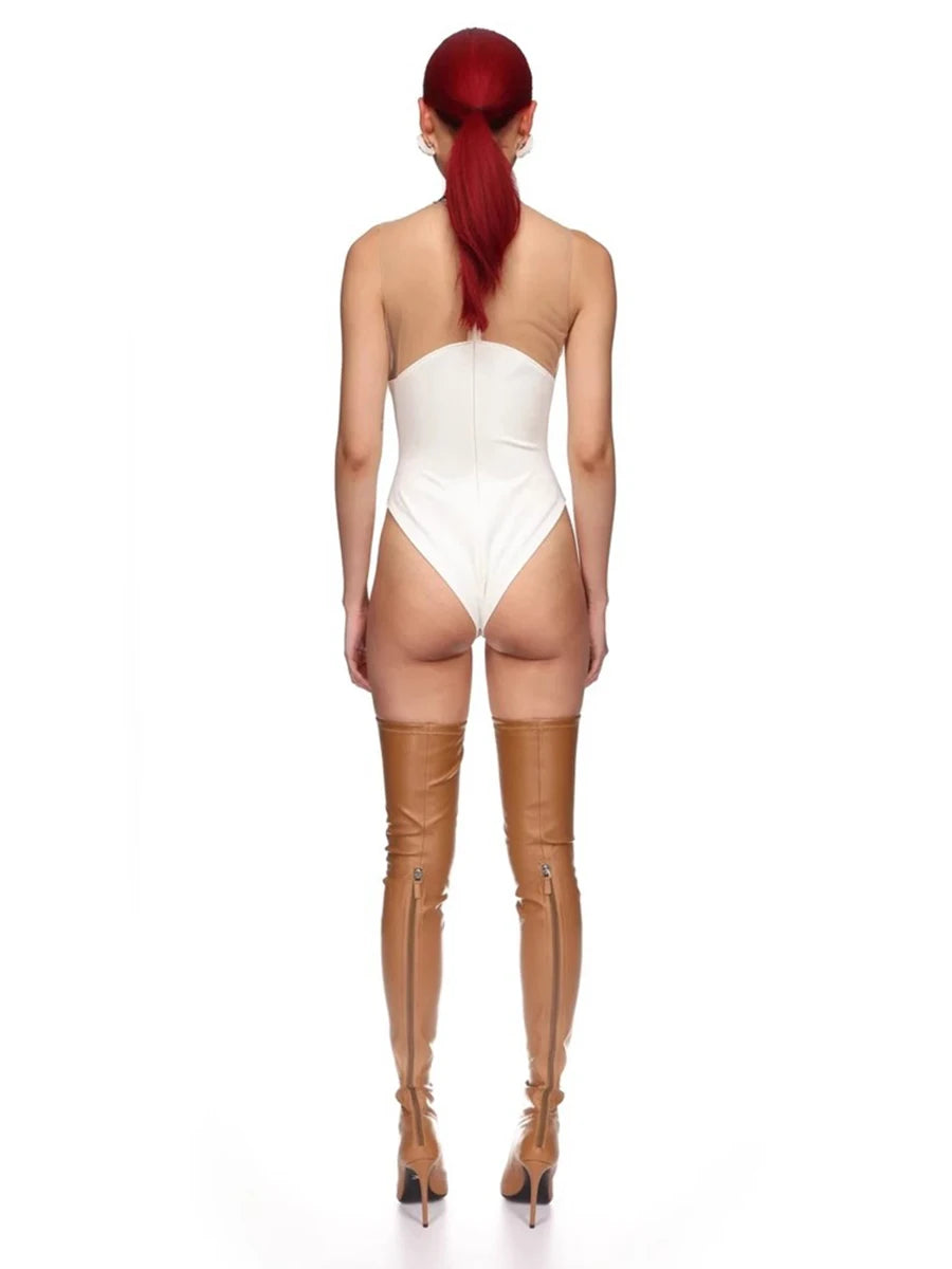 Solid Spliced Mesh Slimming Jumpsuit