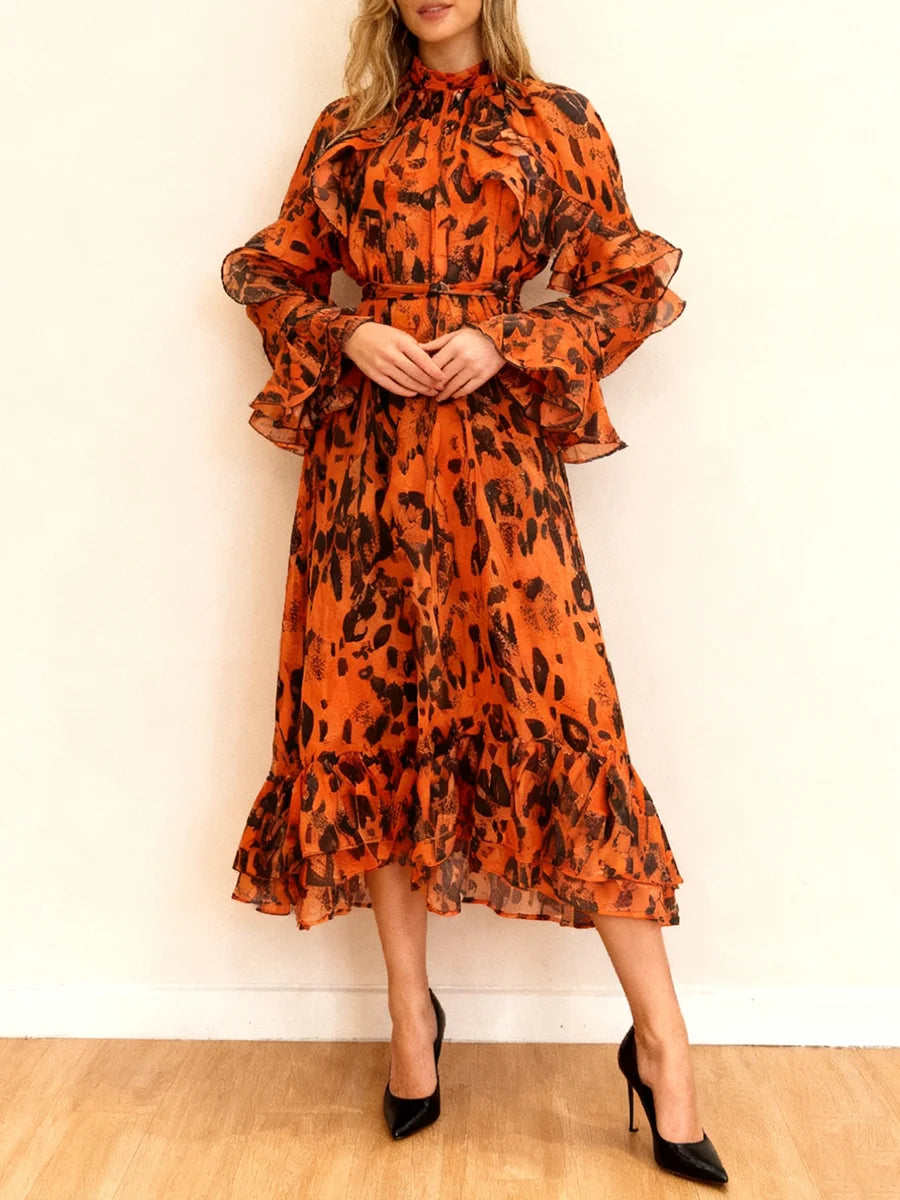 Leopard Spliced Ruffles Folds Dresses