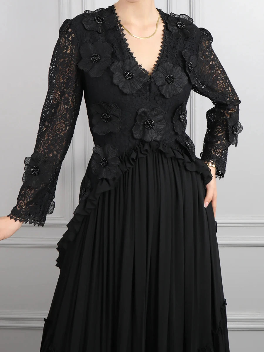 Sheer Spliced Appliqués Dresses