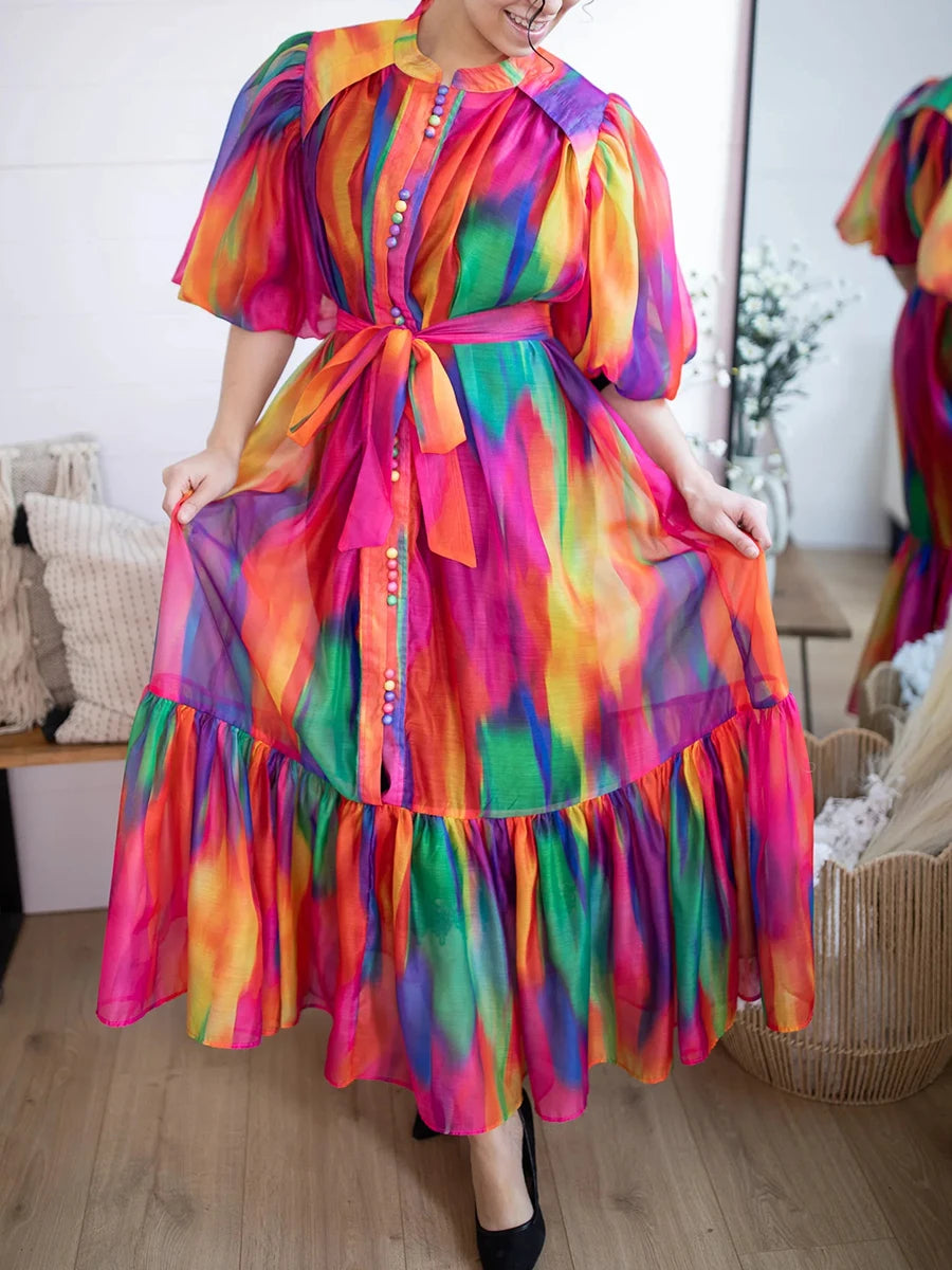 Colorful Loose Lace Up dress