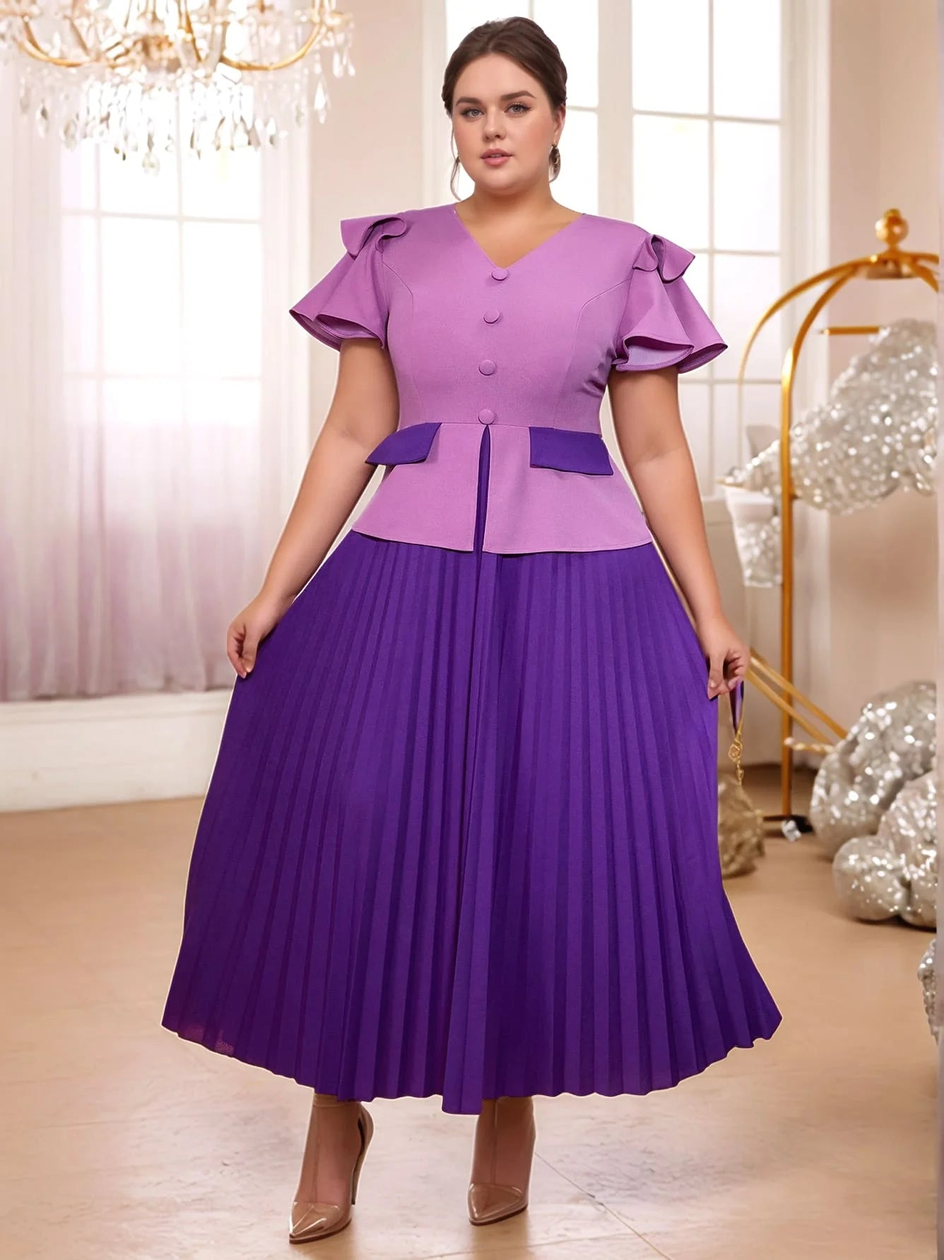 A Line Pleated Purple Dress