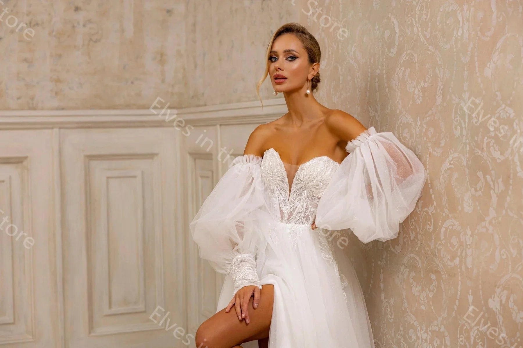Off Shoulder Glitter Wedding Dresses