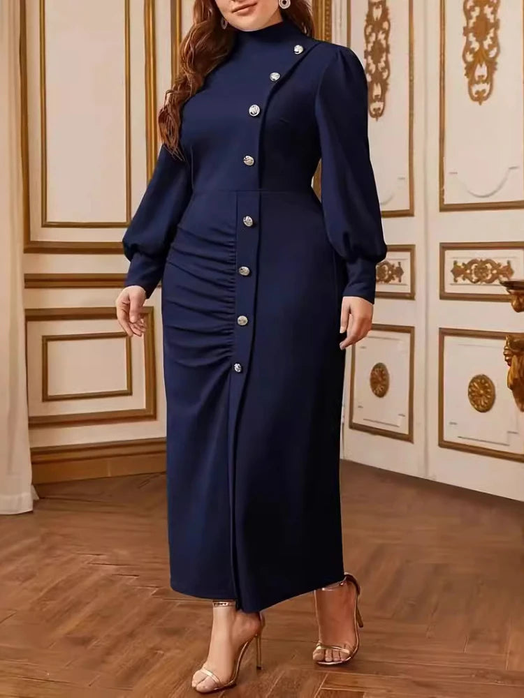 Plus Size Pleated Dress With Buttons