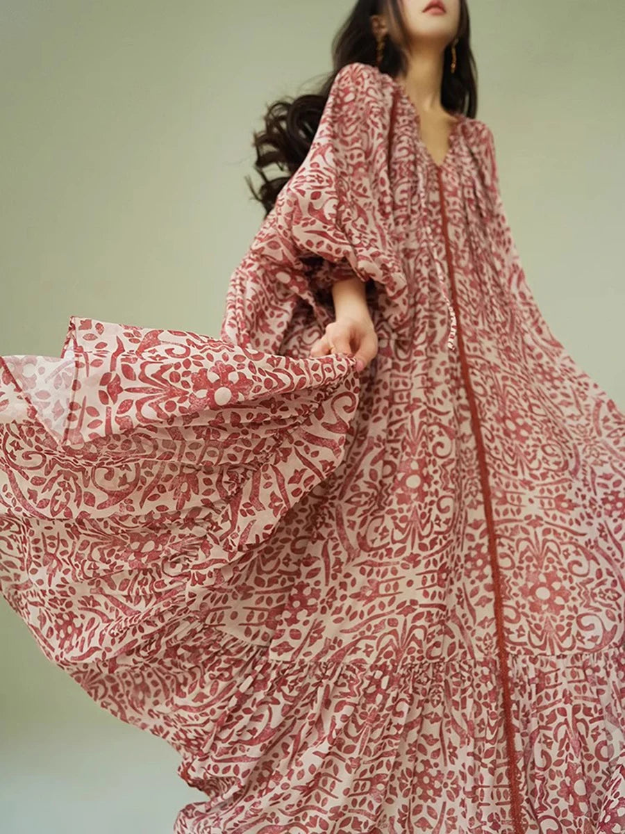Loose Printing Spliced Belt Casual Dresses