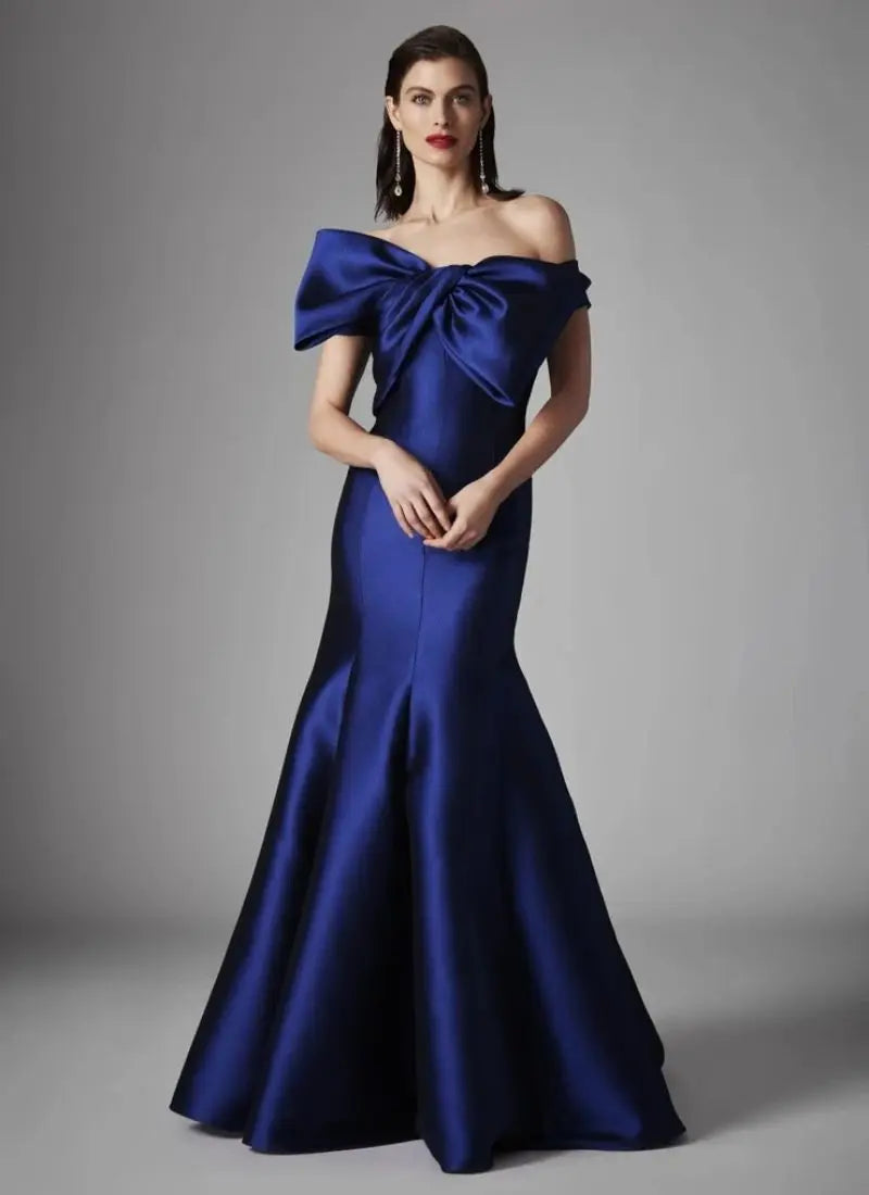 Off Shoulder Royal Blue Bow Satin Mermaid Dress