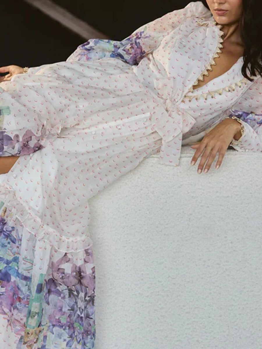 Printing Loose Spliced Wave Point Casual Dresses