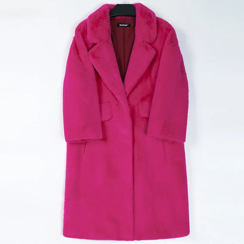 Long Hot Pink Faux Fur Coat