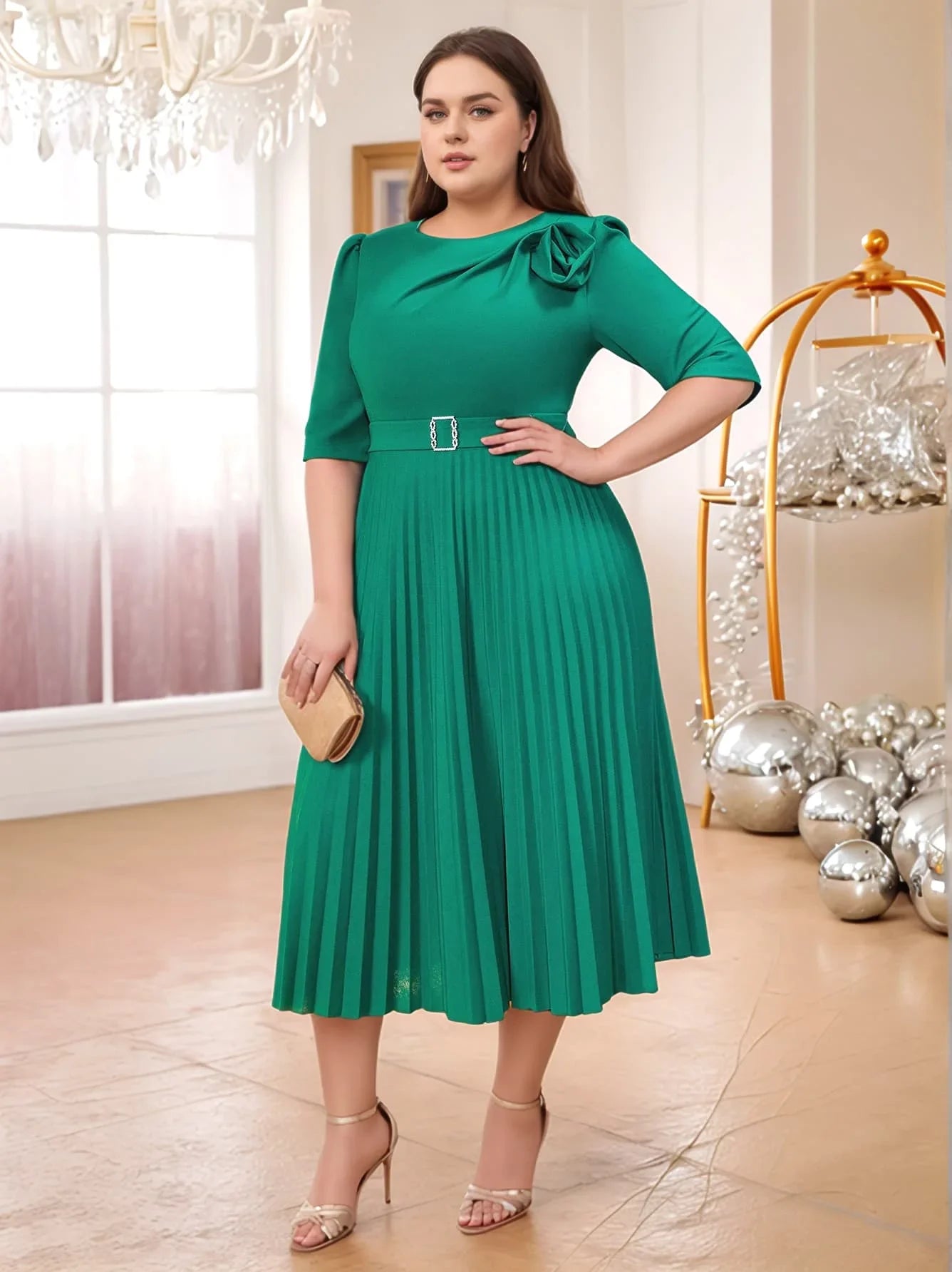 Stylish Green Elegant Pleated Dress