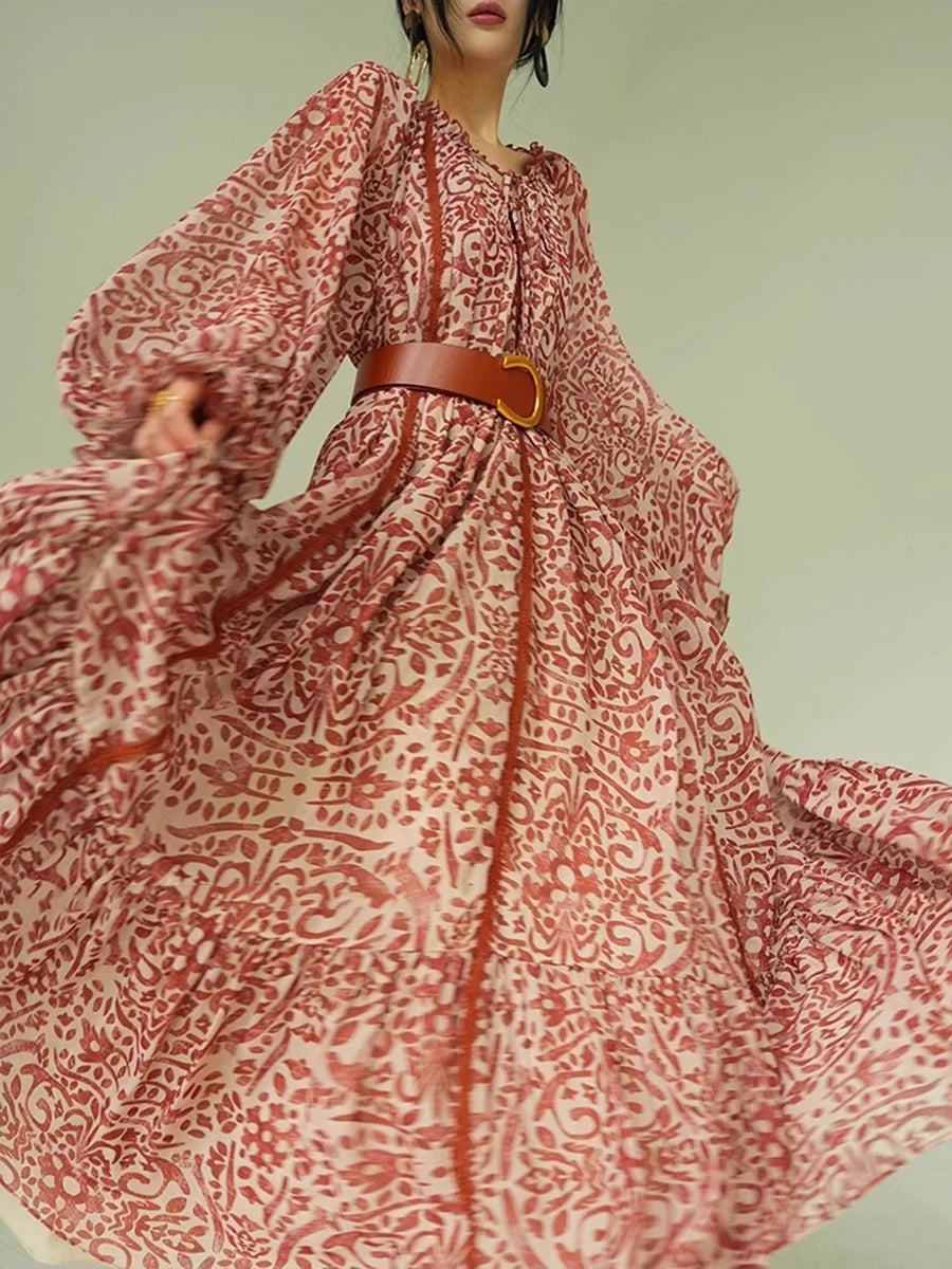 Loose Printing Spliced Belt Casual Dresses