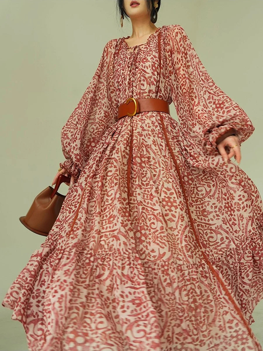 Loose Printing Spliced Belt Casual Dresses