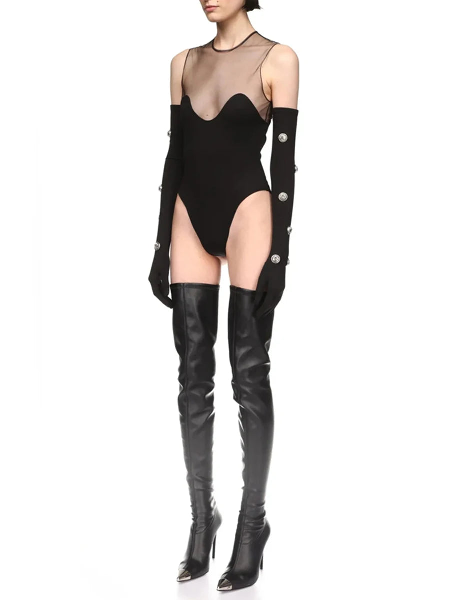 Solid Spliced Mesh Slimming Jumpsuit