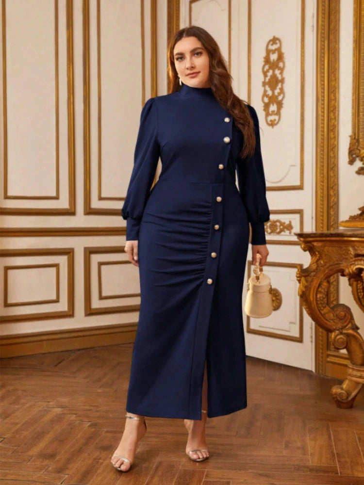 Plus Size Pleated Dress With Buttons