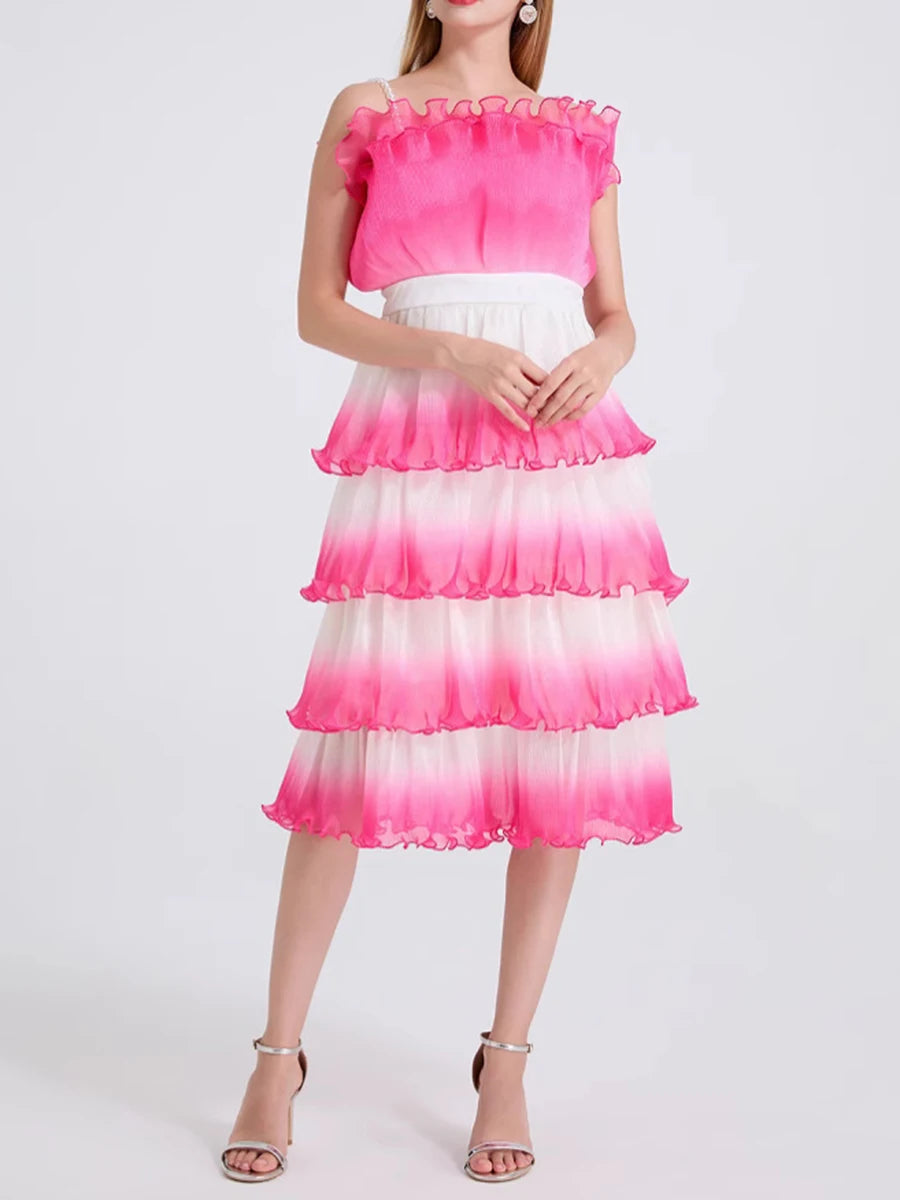 Gradient Spliced Ruffles Dresses