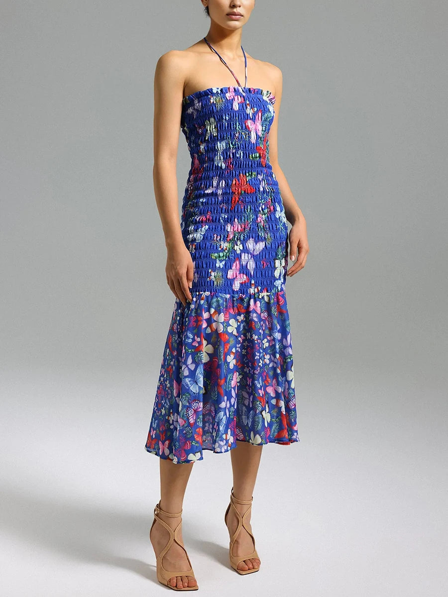 Color Floral Printing Backless Dress
