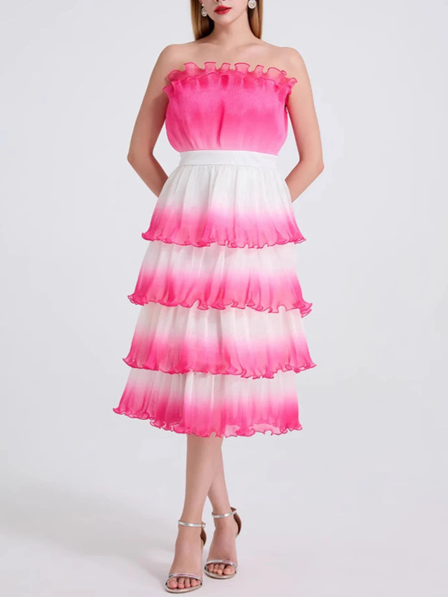 Gradient Spliced Ruffles Dresses